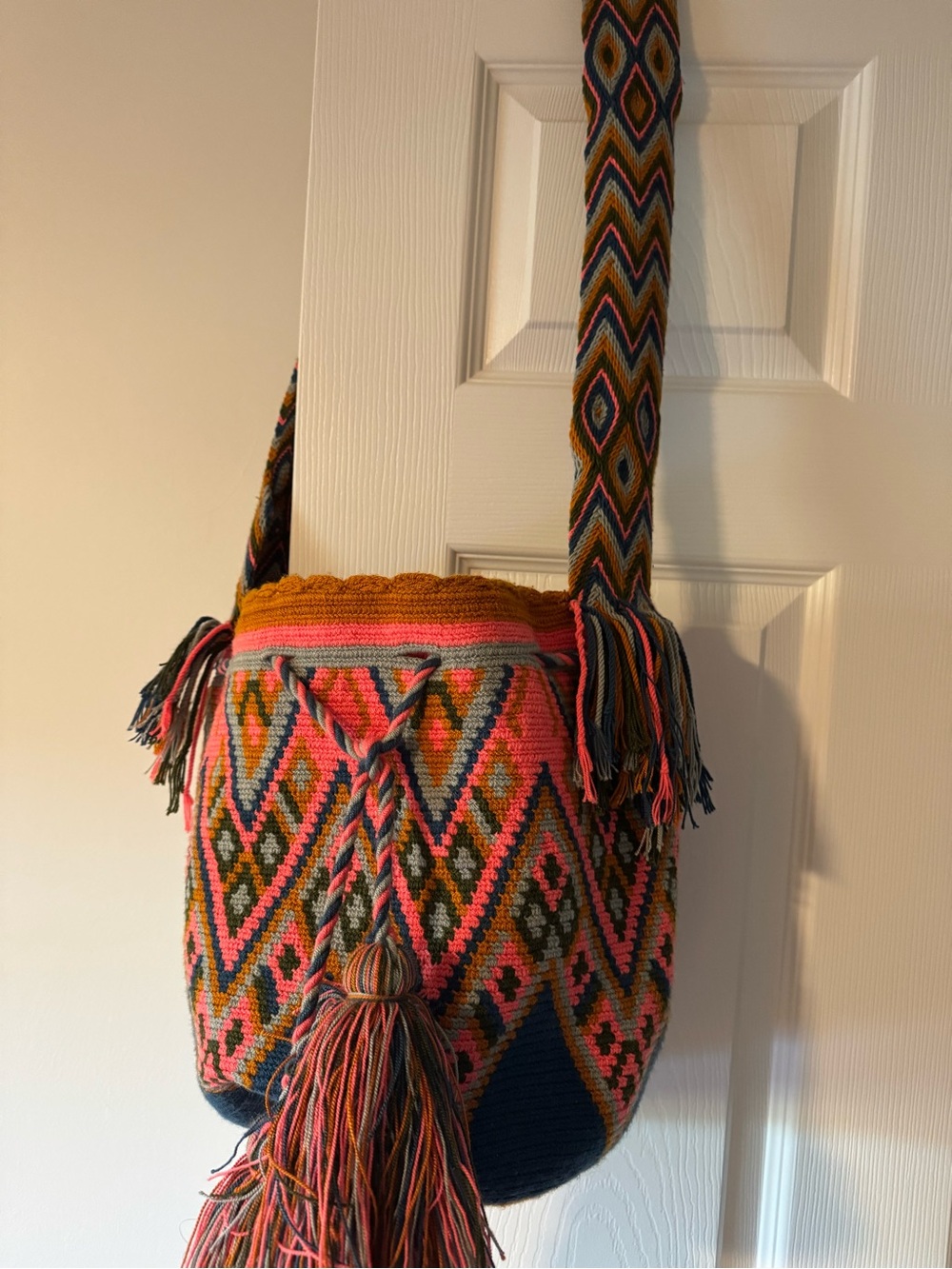 Handwoven Multicolor Tassel Bucket Bag - Pink & Orange from Venezuela